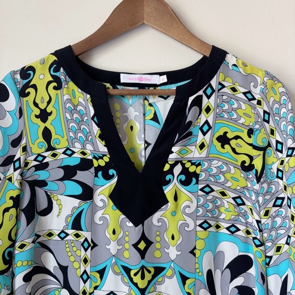 Alice & Trixie Silk Shift Dress XS Geometric Print Black Grey Blue - Picture 2 of 8